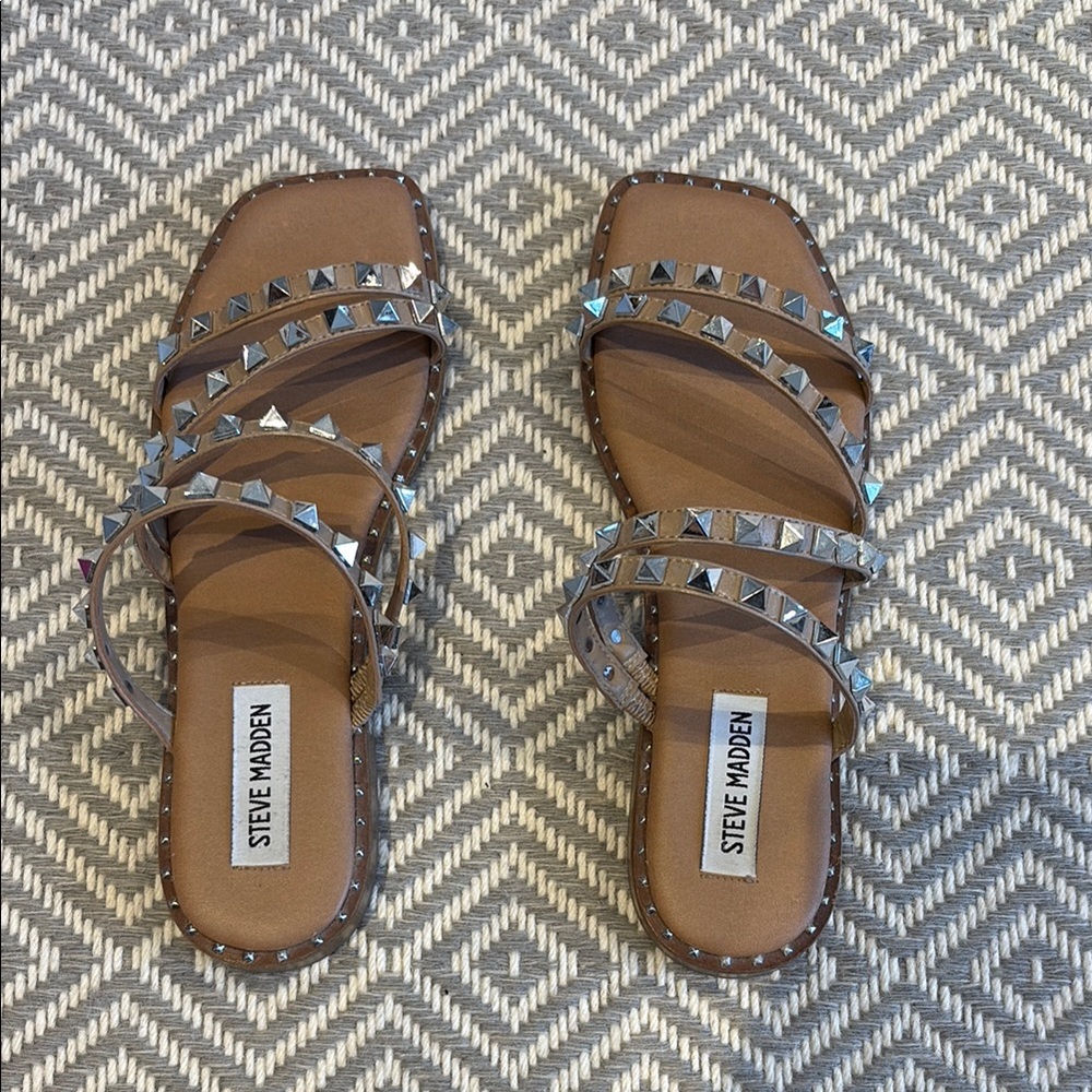 Steve Madden Brown Studded Multi-Strap Slide Sandals